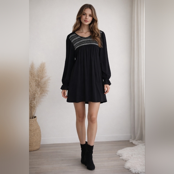 Mikarose Dresses & Skirts - Mikarose Black Mini Dress with Contrasting Embroidered Yoke